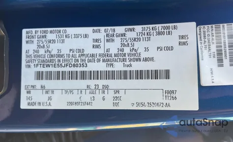 2018 Ford F150 Supercrew z USA, uszkodzony, nr VIN 1FTEW1E55JFD80353